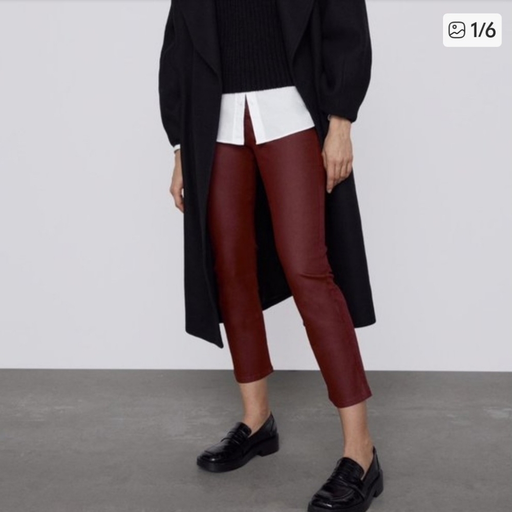 Zara Coated Waxed Burgundy Pants